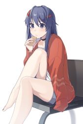 1girl barefoot black_choker black_shorts blue_eyes blue_hair camisole choker closed_mouth food highres holding holding_food kind_mita_(miside) knee_up legs long_hair long_sleeves looking_at_viewer miside mita_(miside) mmmmrr_k on_chair open_clothes open_shirt red_shirt shirt shirt_partially_removed short_shorts shorts simple_background sitting solo thighs toenails white_background white_camisole
