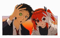 1boy 1girl adachi_rei adachi_tooru business_suit formal_clothes headlamp highres looking_at_viewer millotic multicolored_eyes ok_sign ok_sign_over_eye open_mouth orange_eyes orange_hair persona persona_4 radio_antenna suit utau