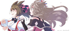 Rule 34 | 2girls, ahoge, animal ears, bow, bowtie, breasts, bridal gauntlets, brown hair, center frills, clenched hands, collared shirt, dated, dress, frills, hair bow, highres, horse ears, horse girl, long hair, looking afar, multiple girls, off-shoulder dress, off shoulder, open mouth, pink dress, running, shirt, short hair, short sleeves, simple background, small breasts, smart falcon (umamusume), sweat, takuzui, twitter username, umamusume, upper body, very sweaty, white background, white shirt, wonder acute (umamusume), wrist cuffs