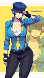 1girl alternate_breast_size artist_name black_gloves black_pants blue_eyes blue_hair blue_hat breasts butter_sugoi cleavage commentary contrapposto fingerless_gloves gloves hat highres large_breasts loose_necktie necktie pants parted_lips persona persona_4 pink_lips purple_eyes shirogane_naoto smile solo yellow_background zoom_layer