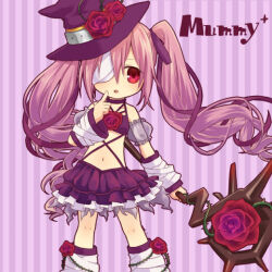 bandage_over_one_eye bare_shoulders breasts character_name dress emil_chronicle_online flower frilled_dress frilled_skirt frills hair_ribbon hand_on_own_cheek hand_on_own_face hat holding holding_staff long_hair mummy_alma navel purple_hair purple_ribbon red_eyes ribbon rose skirt small_breasts staff twintails yellow_(artist)