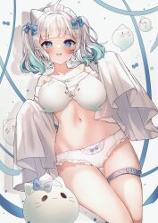 1girl @_@ ahoge alternate_costume belt beryl_(blueberylpie) blue_eyes blunt_bangs blush bow bow_panties commentary cropped_shirt fang frilled_panties frills ghost ghost_costume gluteal_fold gradient_hair green_hair hair_bow hair_ornament highres indie_virtual_youtuber looking_at_viewer lying maid_headdress medium_hair mint_fantome multicolored_hair navel off_shoulder on_back open_mouth panties ribbon shirt sidelocks skin_fang sleeves_past_fingers sleeves_past_wrists solo stomach thigh_belt thigh_gap thigh_strap triangular_headpiece two_side_up underwear virtual_youtuber white_hair white_panties white_shirt wisps_(mint_fantome) x_hair_ornament