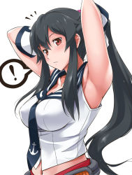 ! 10s 1girl ^^^ anchor armpits arms_up black_hair blush breasts female_focus gloves kantai_collection large_breasts long_hair looking_at_viewer midriff navel necktie personification ponytail red_eyes sidelocks simple_background sleeveless solo speech_bubble spoken_exclamation_mark white_background white_gloves yahagi_(kancolle) youkan