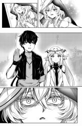 1boy 2girls absurdres bare_shoulders cartethyia_(wuthering_waves) commentary crown_of_thorns earrings english_commentary flareza greyscale hair_between_eyes highres jacket jealous jewelry light_blush long_hair male_rover_(wuthering_waves) monochrome multiple_earrings multiple_girls open_clothes open_jacket parted_bangs pointy_ears rover_(wuthering_waves) shorekeeper_(wuthering_waves) sidelocks smile surprised tacet_mark_(wuthering_waves) veil waving wuthering_waves