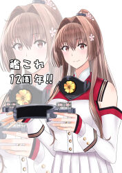 Rule 34 | 1girl, anniversary, brown eyes, brown hair, collar, commentary request, detached sleeves, hair intakes, holding headgear, kantai collection, kikumon, long hair, long sleeves, metal collar, pleated skirt, ponytail, red sailor collar, sailor collar, skirt, smile, solo, takase asagiri, upper body, white skirt, yamato (kancolle), yamato kai ni (kancolle)