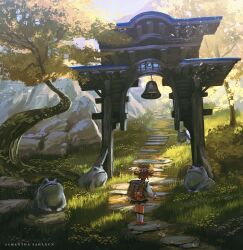 1girl absurdres architecture artist_name backpack_basket basket bell bloomers boots bow-shaped_hair brown_hair commentary dappled_sunlight day dress east_asian_architecture english_commentary facing_away flower full_body genshin_impact grass hair_bell hair_ornament highres himaeart jingle_bell knee_boots long_sleeves mountain outdoors radish red_ribbon ribbon rock scenery shade sky solo standing statue sunlight tree underwear vision_(genshin_impact) white_bloomers white_boots yaoyao_(genshin_impact) yellow_flower