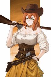 Rule 34 | 1girl, antique firearm, belt, breasts, brown hair, bullet, cowboy hat, firearm, firelock, girls&#039; frontline, green eyes, gun, hand on own hip, hat, highres, holding, holding gun, holding weapon, large breasts, llaos, long hair, looking at viewer, rifle, smith &amp; wesson schofield, solo, springfield (girls&#039; frontline), standing, trapdoor springfield, weapon