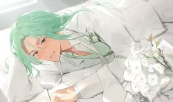1boy :d blush bouquet coat collarbone_peek cove_holden flower flower_pin green_eyes green_hair green_shirt grin hair_between_eyes hair_flowing_over hair_over_shoulder leaning_on_self long_hair looking_at_viewer loose_hair_strand lying male_focus on_bed on_side open_mouth our_life:_beginnings_and_always ryuuieu shirt smile solo sunlight swept_bangs tuxedo upper_body variant_set white_background white_coat
