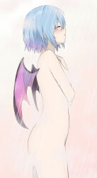 1girl absurdres arm_under_breasts bat_wings blue_hair blush breasts closed_eyes commentary completely_nude convenient_censoring cowboy_shot from_side hair_between_eyes highres no_headwear nude parted_lips profile remilia_scarlet short_hair shower_(place) showering sideboob simple_background small_breasts solo steam steam_censor straight_hair szl touhou wet wings