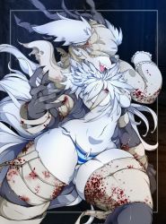 1girl bandages blindfold blood blood_stain bloodborne breasts claws cleavage fangs female_focus furry furry_female highres panties slugbox solo striped_clothes striped_panties thick_thighs thighs underwear vicar_amelia