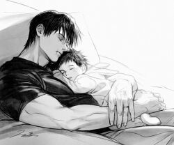 2boys closed_eyes commentary_request father_and_son fushiguro_megumi fushiguro_touji greyscale jewelry jujutsu_kaisen juneseo lying_on_person male_focus monochrome multiple_boys ring scar scar_on_face shirt short_hair sleeping t-shirt