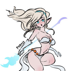 1girl artist_name blonde_hair blue_eyes breasts cleavage collarbone dress elbow_gloves floating_hair gloves hairband highres janna_(league_of_legends) large_breasts league_of_legends long_hair long_sidelocks looking_at_viewer navel piyay23 pointy_ears shirt sidelocks solo staff stomach white_background white_dress white_shirt