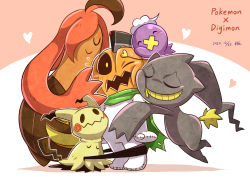 banette blush creatures_(company) digimon drifloon game_freak gen_3_pokemon gen_4_pokemon gen_6_pokemon gen_7_pokemon ghost gourgeist heart highres hug lizard_taro mimikyu nintendo pokemon pokemon_(creature) pumpkin pumpmon