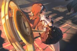 1girl astra_yao backless_dress backless_outfit bare_legs black_dress black_hair blunt_ends blurry blurry_background blurry_foreground bow breasts character_request check_character chinese_commentary cleavage commentary dress dress_bow earrings feet_out_of_frame frilled_cuffs from_above from_side gold_earrings hair_ornament hairband half_updo highres holding holding_staff huqu_(huqu45712) jewelry large_breasts long_hair looking_ahead mole mole_under_eye pavement red_eyes shadow short_dress solo staff straight_hair white_hairband zenless_zone_zero