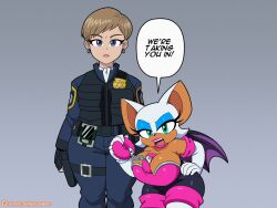 2girls animal_ears bat_ears bat_girl bat_wings blue_eyeshadow breasts cleavage closed_mouth commentary cuffs ear_piercing english_commentary english_text eyelashes eyeshadow hand_on_own_hip handcuffs highres holding holding_handcuffs large_breasts looking_at_viewer makeup multiple_girls omegasunburst open_mouth piercing rouge_the_bat short_hair sonic_(series) sonic_x speech_bubble topaz_(sonic) watermark web_address wings
