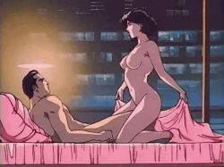 Rule 34 | 1990s (style), 1boy, 1girl, 90&#039;s, 90s anime, animated, animated gif, ass, bed, bedroom, black hair, breasts, brown hair, hetero, kiss, nipples, nude, retro artstyle, sanctuary (manga), short hair