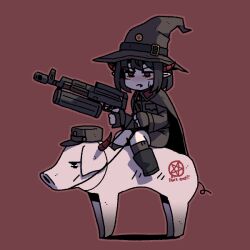 1girl brown_cape cape closed_mouth commentary demon_girl english_commentary expressionless full_body gun hat holding holding_gun holding_weapon horns inverted_pentagram karepack long_sleeves military_uniform original peaked_cap pig pointy_ears red_background red_horns riding riding_animal shadow simple_background solo sweatdrop weapon witch witch_hat