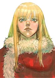 1boy biteikotupinchi blonde_hair blue_eyes canute cape fur_trim highres long_hair looking_at_viewer male_focus portrait red_cape straight_hair vinland_saga