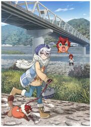2girls ahoge animalization bag beanie blue_sky boots cloud coat day derivative_work ericht_samaya fingerless_gloves gloves grey_eyes grey_hair gundam gundam_suisei_no_majo hat highres holding holding_bag leash long_hair miorine_rembran mountain multiple_girls open_mouth outdoors pants parody path river road scarf sky smile suletta_mercury surprised sweater syaparinton tanuki teardrop winter_clothes yurucamp