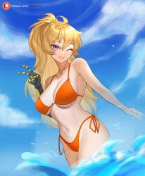 1girl arm_at_side bikini blonde_hair blue_sky breasts cloud collarbone cowboy_shot day eyebrows eyelashes female_focus grin hand_up large_breasts lips long_hair navel ocean one_eye_closed orange_bikini outdoors patreon_logo ponytail prosthesis purple_eyes rwby side-tie_bikini_bottom sky smile solo standing swimsuit teeth v variant_set water wink yang_xiao_long zuu_(zuuzu)
