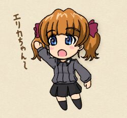 Rule 34 | 1girl, black hat, black jacket, black skirt, blue eyes, brown hair, chibi, garrison cap, girls und panzer, girls und panzer phase erika, grey shirt, haiiro purin, hair tie, hat, jacket, kuromorimine military uniform, kuromorimine school uniform, long hair, miniskirt, orange hair, red skirt, rou leila, school uniform, shirt, skirt, twintails