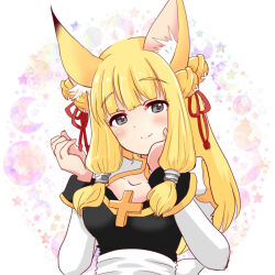 1girl animal_ears arch_bishop_(ragnarok_online) bell black_dress blonde_hair blush breasts chiyunko_(rna-14-fei) cleavage cleavage_cutout closed_mouth clothing_cutout commentary_request cross dress fox_ears fox_girl grey_eyes hair_bell hair_ornament hair_ribbon hair_tubes hand_on_own_cheek hand_on_own_face jingle_bell juliet_sleeves long_hair long_sleeves looking_at_viewer medium_breasts puffy_sleeves ragnarok_masters ragnarok_online red_ribbon ribbon sash sidelocks smile solo two-tone_dress upper_body white_background white_dress white_sash