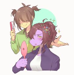 1girl 1other alternate_hairstyle braid brown_hair colored_skin cropped_torso crown_braid deltarune flower freckles furry furry_female hair_flower hair_ornament holding holding_brush holding_mirror komugiko_(bitte_komu) kris_(deltarune) mirror open_mouth pink_skin ponytail short_hair short_twintails sideways_mouth simple_background smile sparkle susie_(deltarune) twintails upper_body white_background