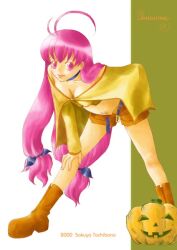 Rule 34 | 1girl, 2000, antenna hair, artist name, bad id, belt, blue belt, blue bow, boots, bow, breasts, brown boots, brown shirt, brown shorts, closed mouth, crop top, full body, hair bow, hand on own knee, jack-o&#039;-lantern, leaning forward, long hair, long sleeves, magical antique, medium breasts, navel, open belt, pink hair, shirt, shorts, smile, solo, sphie, tachibana sakuya (matsurika)