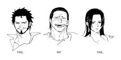 1girl 2boys beard boa_hancock chamsut0905 cigar closed_mouth collar commentary_request crocodile_(one_piece) dracule_mihawk earrings expressionless facial_hair hair_slicked_back highres jewelry korean_commentary long_hair multiple_boys mustache one_piece portrait short_hair sidelocks smile stitched_face stitches