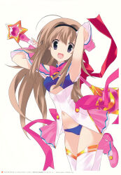 1girl absurdres ahoge arm_up armpits arms_up ass black_headband blonde_hair blue_panties boots bow breasts buttons capelet chaos;head chaos;head_love_chu_chu! clothing_cutout collared_capelet cosplay costume detached_sleeves dress frills gloves gold_buttons gold_trim hair_between_eyes hair_over_shoulder head_tilt headband high_collar highres holding holding_wand long_hair long_sidelocks looking_at_viewer magical_girl midriff navel nishijou_nanami non-web_source official_art open_mouth panties pink_boots pink_bow pink_capelet pink_ribbon pink_thighhighs purple_eyes ribbon seira_orgel seira_orgel_(cosplay) shoulder_cutout sidelocks simple_background small_breasts smile star_wand stomach_cutout thighhighs thighs tongue underboob_cutout underbutt underwear wand white_background white_dress white_thighhighs