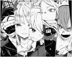 5girls absurdres black_coat blast-7 blue_archive coat demon_girl demon_horns halo highres hina_(blue_archive) holding holding_shield horns hoshino_(armed)_(blue_archive) hoshino_(blue_archive) long_hair looking_at_viewer medium_hair mika_(blue_archive) monochrome multiple_girls neru_(blue_archive) open_mouth shield tsurugi_(blue_archive)