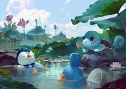 bathing blue_sky bubble cloud cloudy_sky creatures_(company) cumulonimbus_cloud flower game_freak gen_1_pokemon gen_3_pokemon gen_4_pokemon highres lotus mudkip nature nintendo no_humans outdoors piplup pokemon pokemon_(creature) rat_chuuu sky squirtle