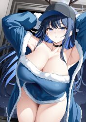 1girl absurdres alternate_costume antlers armpits arms_up bare_shoulders baseball_cap black_choker blue_archive blue_dress blue_eyes blue_hair blue_halo breasts choker cleavage coat dress fake_antlers fur-trimmed_coat fur-trimmed_dress fur-trimmed_sleeves fur_trim halo hat highres horns huge_breasts long_hair looking_at_viewer open_clothes open_coat parted_lips reindeer_antlers saori_(blue_archive) short_dress solo strapless strapless_dress tewaki thighs very_long_hair