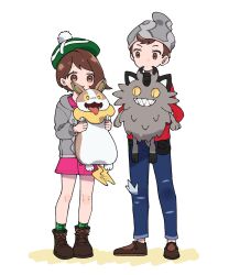 Rule 34 | 1boy, 1girl, ankle boots, beanie, blue pants, boots, brown eyes, brown footwear, brown hair, cardigan, dress, galarian form, galarian meowth, gen 8 pokemon, gloria (pokemon), green hat, green socks, grey cardigan, grey hat, hat, highres, holding, holding pokemon, hood, hood down, hooded cardigan, lace-up boots, nintendo, nisanrei121, pants, pink dress, plaid clothes, plaid socks, pokemon, pokemon (creature), pokemon swsh, shoes, socks, standing, tam o&#039; shanter, victor (pokemon), yamper