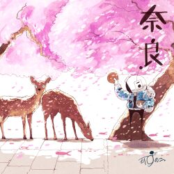 1other absurdres arm_up artist_name backpack bag blue_jacket cherry_blossoms closed_eyes commentary cracker deer deer_cracker falling_petals fish flying_fish food gloves helmet highres holding holding_food jacket kazunoko_(kazunoko_zunoco) looking_at_animal nara_(city) nara_prefecture original outdoors petals pink_petals radio_antenna signature space_helmet standing translated tree white_gloves