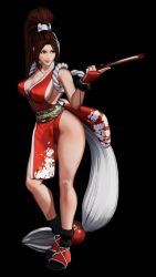 1girl breasts brown_hair cleavage dress fan highres large_breasts long_hair official_art ponytail red_dress shiranui_mai sideboob smile solo the_king_of_fighters the_king_of_fighters_xv thighs