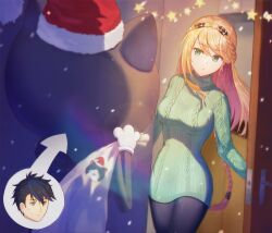 1boy 1girl absurdres black_hair blonde_hair blue_eyes braid breasts christmas crown_braid door eiyuu_densetsu elaine_auclair floating_hair flowingcrescent fur-trimmed_headwear fur_trim green_eyes hair_between_eyes hat highres holding holding_sack kuro_no_kiseki_(series) mascot mascot_costume medium_breasts multicolored_hair open_door ribbed_sweater sack santa_hat single_braid snowing star_ornament sweater swept_bangs two-tone_hair van_arkride