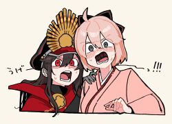 ! 2girls ahoge black_hair blonde_hair blush cape collared_cape fate/grand_order fate_(series) gasp goma1021 grey_eyes hat highres japanese_clothes kimono koha-ace long_hair multiple_girls oda_nobunaga_(fate) oda_uri okita_souji_(fate) red_cape red_eyes saberface sweat