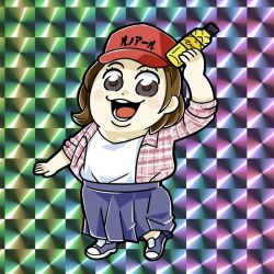 1girl arm_up bkub blue_shoes blue_skirt blush_stickers bottle brown_eyes brown_hair checkered_background female_focus flannel hat holding holding_bottle kirin_(company) long_shirt looking_at_viewer meme multicolored_background neta open_clothes open_mouth open_shirt plaid_clothes plaid_shirt poptepipic red_hat shirt shoes short_hair skirt smile solo undershirt