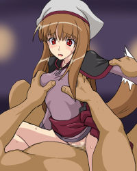 00s 1girl animal_ears bottomless breasts brown_hair censored cl-55 clothed_sex cowgirl_position fang girl_on_top grabbing_another&#039;s_breast groping hat holo lowres medium_breasts mosaic_censoring no_panties pov red_eyes sex solo_focus spice_and_wolf straddling tail vaginal wolf_ears wolf_tail
