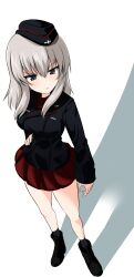 Rule 34 | 1girl, absurdres, aikir (jml5160), ankle boots, black boots, black jacket, blue eyes, boots, buttons, contrapposto, double-breasted, from above, frown, full body, garrison cap, girls und panzer, grey hair, hand on own hip, hat, head tilt, highres, itsumi erika, jacket, kuromorimine military uniform, military hat, pout, red shirt, red skirt, shadow, shirt, skirt, solo, standing, tsurime, white background