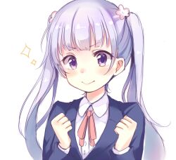 Rule 34 | blue jacket, blunt bangs, blush, clenched hands, collared shirt, dot nose, flower, hair flower, hair ornament, hands up, jacket, lips, long hair, neck ribbon, new game!, paragasu (parags112), pink lips, portrait, purple eyes, purple hair, red ribbon, ribbon, rounded collar, shirt, simple background, smile, solo, suzukaze aoba, swept bangs, upper body, v-shaped eyebrows, white background, white shirt