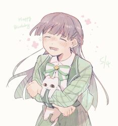 1girl :d animal animal_hug birthday blunt_ends blush bow bowtie braid brooch cat clenched_hand closed_mouth collared_shirt commentary cowboy_shot dot_nose facing_ahead flower_symbol gradient_hair green_bow green_bowtie green_hair green_jacket hair_ornament hairclip half_up_braid happy_birthday highres holding holding_animal jacket jewelry long_hair long_sleeves lower_teeth_only multicolored_hair nose_blush open_clothes open_jacket open_mouth plaid_clothes plaid_sleeves purple_hair rei931218 shirt shoujo_kageki_revue_starlight simple_background smile solo star_(symbol) star_brooch striped_bow striped_bowtie striped_clothes symbol-only_commentary teeth three_quarter_view tsuyuzaki_mahiru white_background white_bow white_bowtie white_cat white_shirt