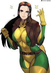 belt black_hair blue_eyes bodysuit breasts cosplay cropped_jacket foonie highres jacket large_breasts looking_at_viewer marvel navel nico_robin one_piece open_clothes open_jacket rogue_(x-men) rogue_(x-men)_(cosplay) skin_tight smile sunglasses sunglasses_on_head x-men