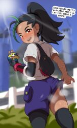1girl absurdres ass backpack backstreetgirl bag black_hair black_thighhighs blue_shorts blush body_freckles breasts brown_eyes commentary dark-skinned_female dark_skin day english_commentary freckles from_behind green_hair high_ponytail highres looking_at_viewer multicolored_hair nemona_(pokemon) nintendo outdoors poke_ball pokemon pokemon_sv ponytail quick_ball shirt short_sleeves shorts shorts_lift small_breasts smile solo streaked_hair thighhighs white_shirt