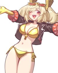 1girl ;o bikini black_jacket blonde_hair breasts burnice_white commentary eyewear_on_head gold_bikini gold_gloves highres jacket large_breasts looking_at_viewer navel one_eye_closed red_eyes sher_(imnotsher) short_hair simple_background solo stomach sunglasses swimsuit twintails white_background zenless_zone_zero