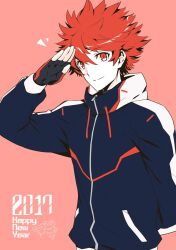 1boy 2017 axel_redbrand bemani black-framed_eyewear blue_jacket blue_sleeves closed_mouth commentary_request eyelashes gloves happy_new_year hood hood_down hooded_jacket jacket kijimoto_yuuhi long_sleeves looking_at_viewer male_focus museca new_year notice_lines partially_fingerless_gloves pink_background red_eyes red_hair salute short_hair simple_background single_stripe smile solo spiked_hair striped_sleeves upper_body white_hood zipper zipper_pull_tab