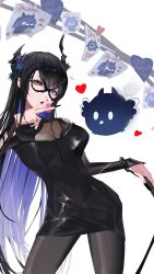 Rule 34 | 1girl, absurdres, asymmetrical horns, black dress, black hair, black horns, blue hair, bodystocking, breasts, commentary, cowboy shot, dress, english commentary, eye mask, highres, holding, holding whip, hololive, horns, jailbird (nerissa ravencroft), large breasts, long hair, multicolored hair, nerissa ravencroft, purple eyes, see-through clothes, simple background, solo focus, thekaiyip, two-tone hair, uneven horns, virtual youtuber, white background