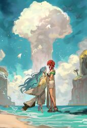 Rule 34 | 2girls, 37 (reverse:1999), absurdres, ancient greek clothes, anklet, bare shoulders, barefoot, beach, bird, black gloves, blue hair, blue sky, cliff, cloud, eye contact, face-to-face, facing up, fingerless gloves, from side, full body, gloves, gold choker, greco-roman clothes, green eyes, hair bun, highres, holding hands, jewelry, long hair, looking at another, medium hair, multiple girls, mushroom cloud, ocean, palm tree, reverse:1999, sand, sandals, single side bun, sky, sophia (reverse:1999), standing, tiptoes, tree, trustyskittles, very long hair, white bird
