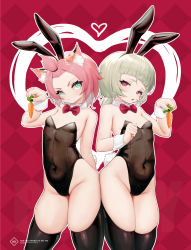 2girls absurdres animal_ear_fluff animal_ears bangs_pinned_back black_legwear black_leotard blue_eyes bow bowtie breasts cat_ears cowboy_shot detached_collar diona_(genshin_impact) english_text fake_animal_ears genshin_impact heart heart-shaped_pupils highres l_ract leotard multiple_girls pink_hair playboy_bunny rabbit_ears red_bow red_bowtie red_eyes sayu_(genshin_impact) short_hair small_breasts standing strapless strapless_leotard symbol-shaped_pupils thighhighs